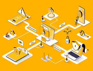 Cyber security isometric web banner. Protect personal data 3d scene design. Modern identification technologies, password access flat isometry concept. Illustration with tiny people characters