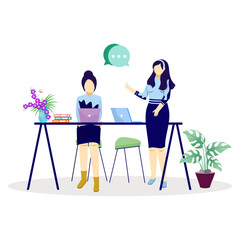 Two women discussing business or office work indoors using laptop on work desk. working woman, flower vase table, working sitting, chair, book stack table, talking casually. Flat vector illustrations