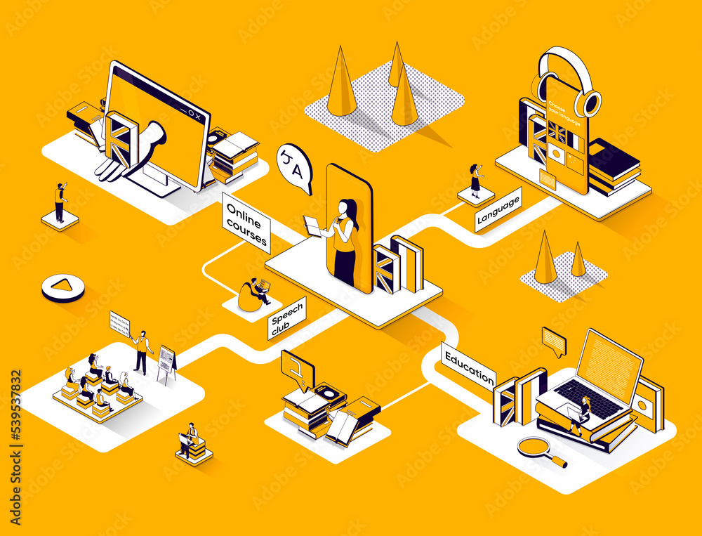 Poster language courses isometric web banner. online studying, speech club, e-learning 3d scene design. edu