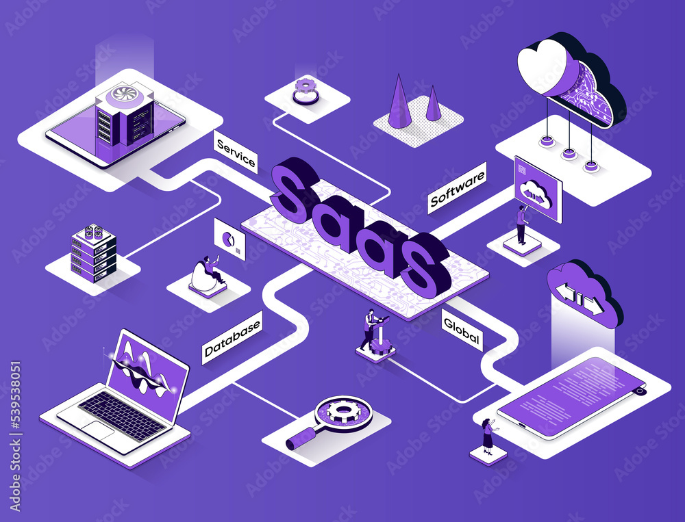 Poster saas isometric web banner. software as a service flat isometry concept. global database, subscriptio