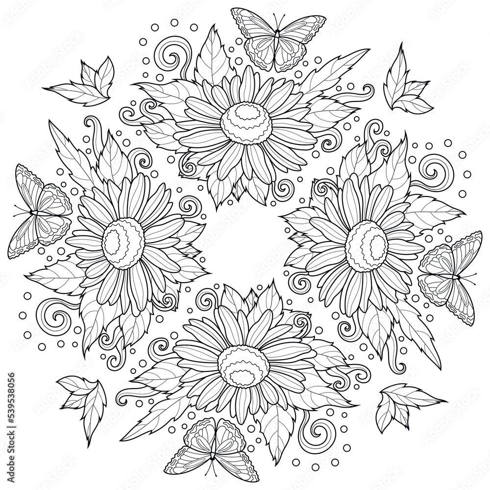 Canvas Prints Daisies and butterflies.
Symmetrical pattern.Coloring book antistress for children and adults. Illustration isolated on white background.Zen-tangle style. Hand draw