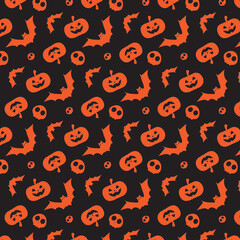 Orange Pattern with Black Background. Halloween Seamless Pattern With Pumpkin And Bats. Seamless Halloween pattern. Halloween Background With Pumpkin And Bats. Vector Illustration