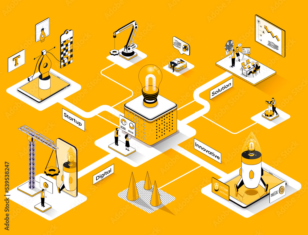Poster Startup isometric web banner. Innovation solution of business flat isometry concept. Development of new products or services, teamwork 3d scene design. Illustration with tiny people characters