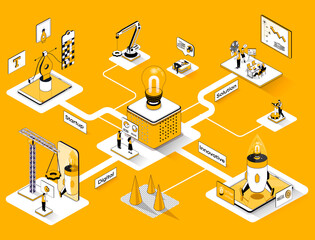 Startup isometric web banner. Innovation solution of business flat isometry concept. Development of new products or services, teamwork 3d scene design. Illustration with tiny people characters