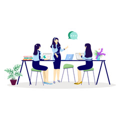 Fototapeta na wymiar Three women are discussing analyzing company database on a desk using a laptop. career woman, indoor work woman communicating. flat illustration design.