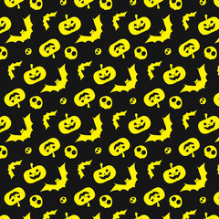Yellow Pattern with Black Background. Halloween Seamless Pattern With Pumpkin And Bats. Seamless Halloween pattern. Halloween Background With Pumpkin And Bats. Vector Illustration copy