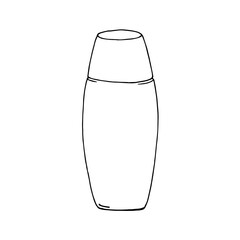 Plastic bottle with cosmetic product linear black and white design isolated on white background. Hand drawn element for the design of fabrics, wallpapers, postcards
