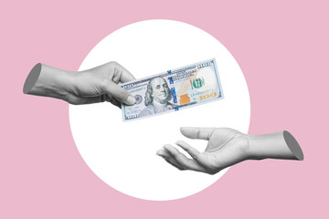 Female hand holding hundred-dollar cash bill passing it on to another person on a pink background....