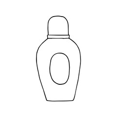 Plastic bottle with cosmetic product linear black and white design isolated on white background. Hand drawn element for the design of fabrics, wallpapers, postcards