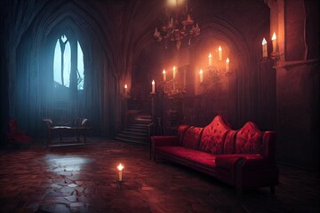 Interior of Dracula castle, victorian living room with table, sofa and lounge chairs by candlesticks. Halloween gothic atmosphere inside of Ancient vampire castle for games background. 3D illustration - obrazy, fototapety, plakaty