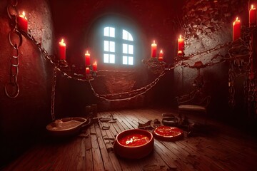 terrifying torture chamber of Dracula's castle. Setting for horror games. Furniture is splattered with blood, and the torture instruments are lit by candlesticks. 3D illustration and Halloween theme - obrazy, fototapety, plakaty
