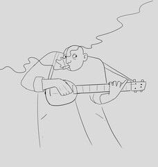 line sketch of character playing musical instrument and smoking 