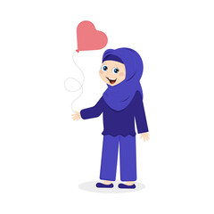 Happy Muslim girl with a heart balloon on a white background