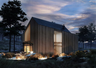 visualization of a modern house in a barn style with a wooden front in the evening lighting - obrazy, fototapety, plakaty