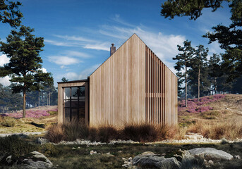 visualization of a modern house in a barn style with a wooden front  - obrazy, fototapety, plakaty