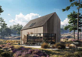 Fototapeta na wymiar visualization of a modern house in a barn style with a wooden front 