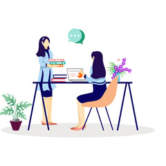 Two women are inputting company data on their desks using laptops. career woman, walking indoors, chatting, data input. flat illustration design