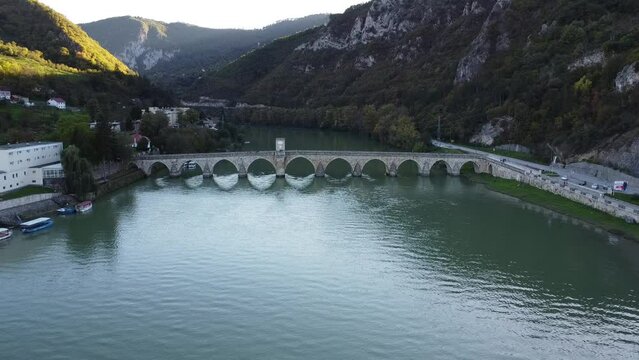 Aerial view over the Mehmed Pasa Sokolovic Bridge and Drina River