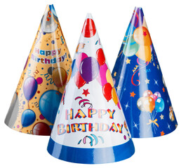 Colorful party hats isolated on white background