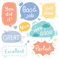 Speech bubbles hand drawn set with handwritten words. Different shapes. Cute doodle conversation clouds isolated on white background