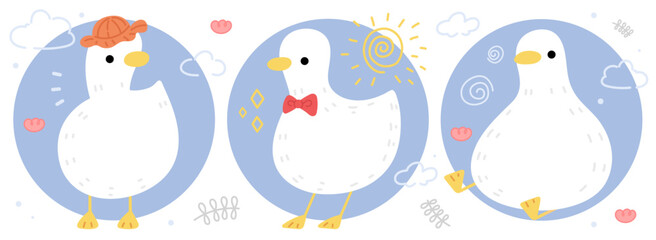 Set of cute white duck cartoon illustrations in flat design