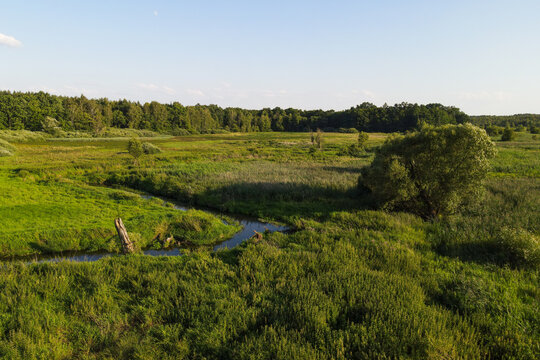 Chojnów Landscape Park - view from the drone on the Jeziorka river valley - July 2020, Poland