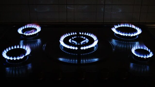 Gas cooker with burning flames of gas. Domestic kitchen with blue flames burning