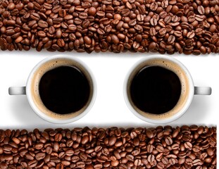 Fresh aroma coffee beans and cups