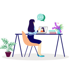 Woman having virtual discussion with coworker using laptop. online sharing, business or job consulting.