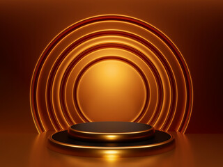 Obraz premium Abstract 3d gold podium for product presentation with circles and lighting. Empty studio room with black round platform. Podium stage for an award performance by an artist. 3d rendering illustration.