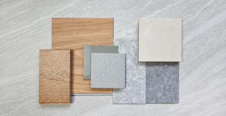 group of modern interior material samples for finishing work including oak engineering flooring,...