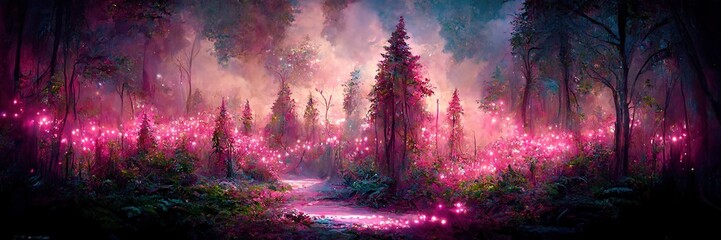 Deep Forest. Fantasy Backdrop. Concept Art. Realistic Illustration. Video Game Digital CG Artwork Background. Nature Scenery.