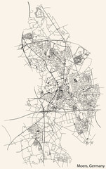 Detailed navigation black lines urban street roads map of the German regional capital city of MOERS, GERMANY on vintage beige background