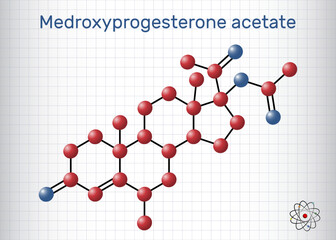 Medroxyprogesterone acetate, MPA, depot medroxyprogesterone acetate, DMPA molecule. It is progestin hormone drug, contraceptive. Molecule model. Sheet of paper in a cage