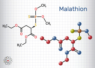 Malathion molecule. It is parasympathomimetic organophosphate used as insecticide for treatment of head lice. Structural chemical formula, molecule model. Sheet of paper in a cage