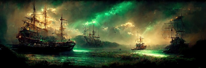 Fantasy landscape with old ship - 3D illustration. Digital Painting. Generative AI