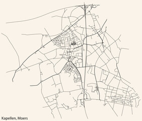 Detailed navigation black lines urban street roads map of the KAPELLEN DISTRICT of the German regional capital city of Moers, Germany on vintage beige background