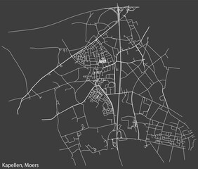 Detailed negative navigation white lines urban street roads map of the KAPELLEN DISTRICT of the German regional capital city of Moers, Germany on dark gray background