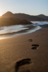 footprints in the sand on the beach at sunset