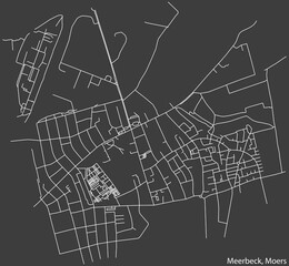 Detailed negative navigation white lines urban street roads map of the MEERBECK QUARTER of the German regional capital city of Moers, Germany on dark gray background