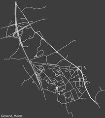 Detailed negative navigation white lines urban street roads map of the GENEND QUARTER of the German regional capital city of Moers, Germany on dark gray background