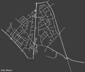 Detailed negative navigation white lines urban street roads map of the EICK QUARTER of the German regional capital city of Moers, Germany on dark gray background