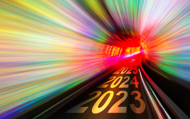 Train moving fast from 2023 to 2025 in tunnel