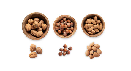 Nuts, hazelnuts, almonds, isolated food. Cookbook ingredients. Transparent background. Top view. Raw ingredients. Recipe. 