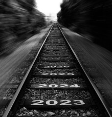 Empty railroad with new year number 2023, 2024 to 2026