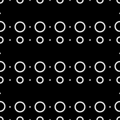 Vector illustration. Geometric seamless pattern. Solid dots and linear circles in rows. Spotted grey, black and white background. Simple monochrome abstract pattern.