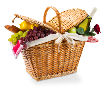 Wicker picnic basket with a red gingham cloth on a white background