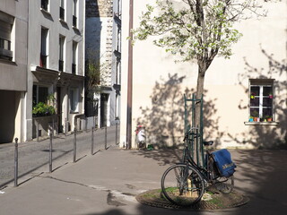 Un vélo attaché à un arbre dans une rue de la capitale française