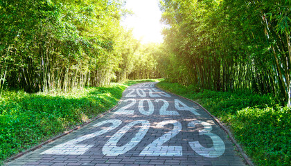 Bamboo forest and empty walkway paint with 2023, 2024 to 2026