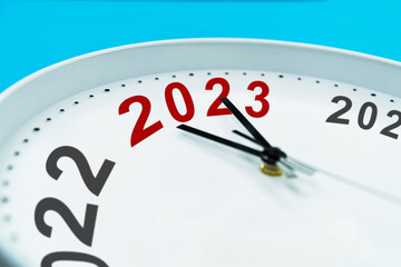 New year number 2022 and 2023 on clock